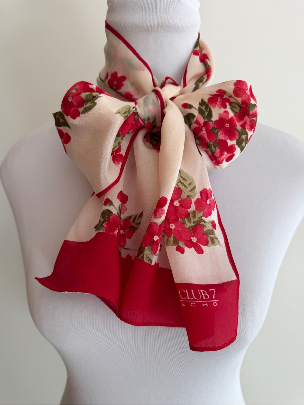 ECHO Club 7 Vintage Signed Silk Scarf Lightweight Oblong Floral Butterfly Chic